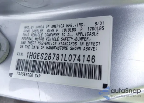 2001 Honda Civic Ex из США, поврежденный, VIN 1HGES26791L074146